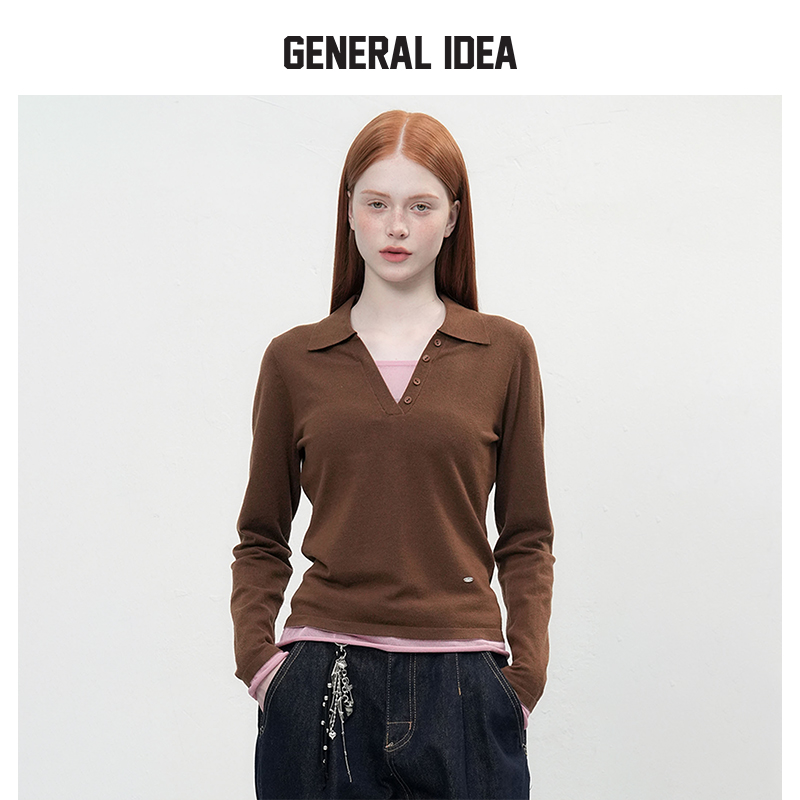 GENERAL IDEA BY BUMSUKpolo领拼色假两件正肩长袖针织衫上衣女