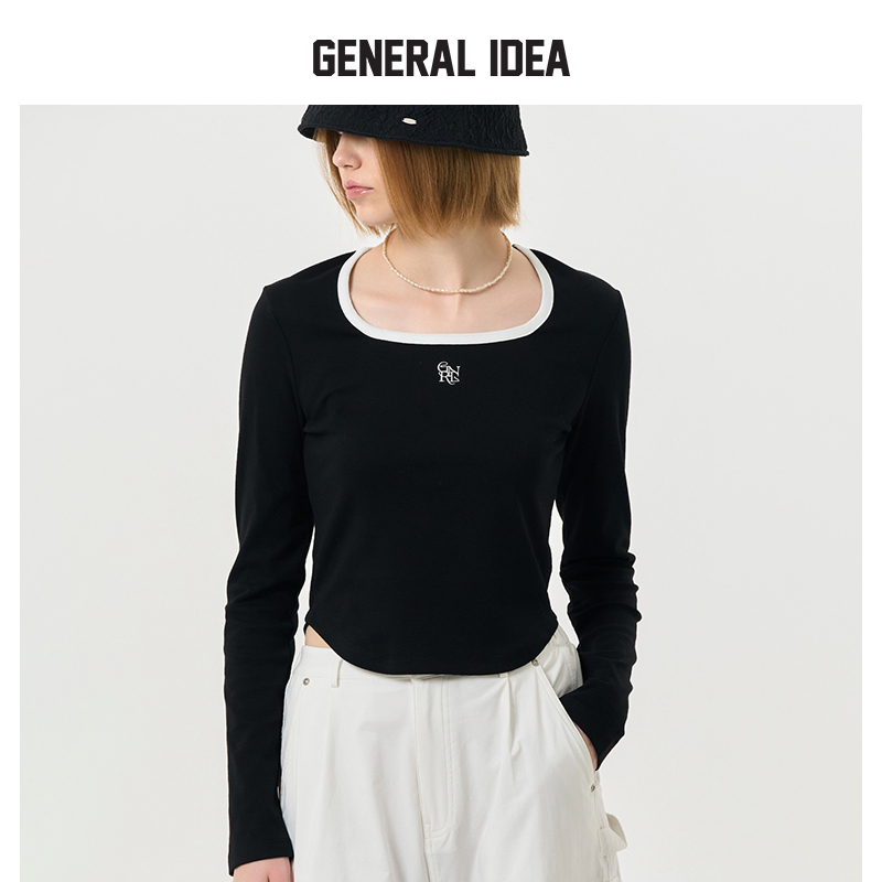 GENERAL IDEA BY BUMSUK撞色方领刺绣正肩长袖T恤打底衫上衣女士