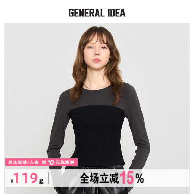 GENERAL IDEA BY BUMSUK抹胸针织拼接假两件圆领长袖T恤女上衣