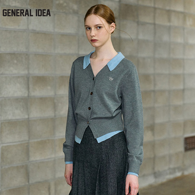 GENERAL IDEA BY BUMSUK领口拼接撞色V领假两件针织开衫女上衣秋