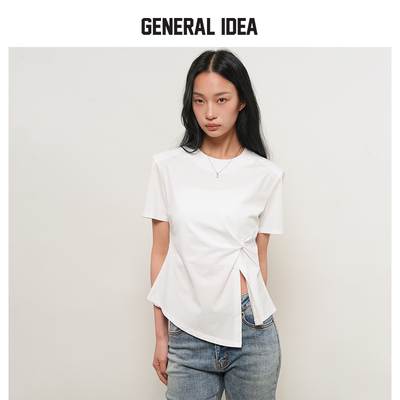 GENERAL IDEA BY BUMSUK夏季女垫肩扭结设计圆领T恤T恤短袖上衣
