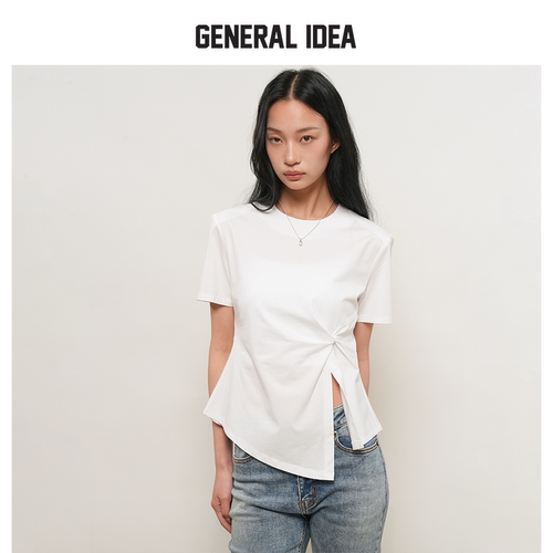 GENERAL IDEA BY BUMSUK夏季女垫肩扭结设计圆领T恤T恤短袖上衣