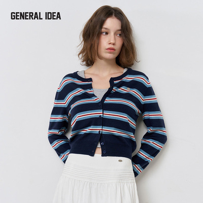 GENERAL IDEA BY BUMSUK秋季美式复古撞色条纹羊毛针织开衫上衣女