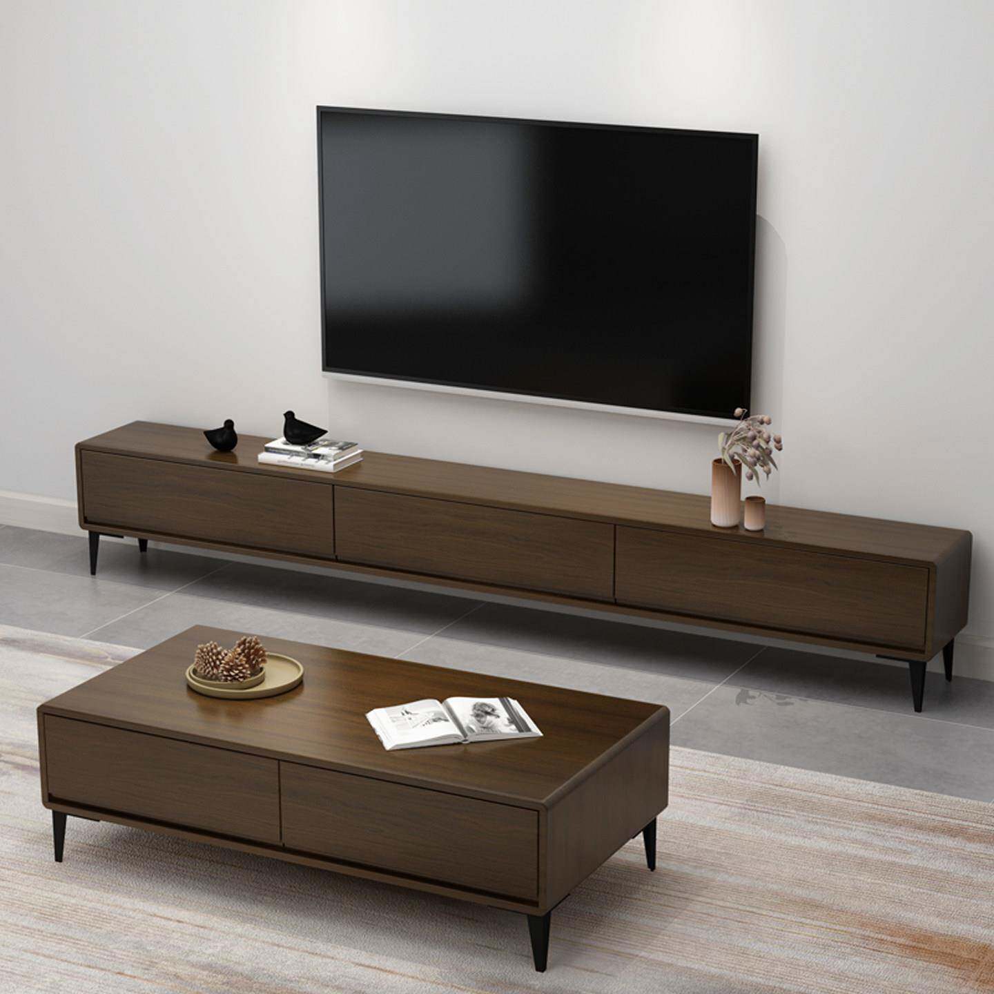 全实木电视柜客厅家用落地极简胡桃木色小户型中古风茶几电视机柜