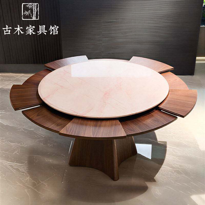 弗莱彻实木岩板旋转伸缩变形圆餐桌可变大小圆形餐桌家用吃饭桌