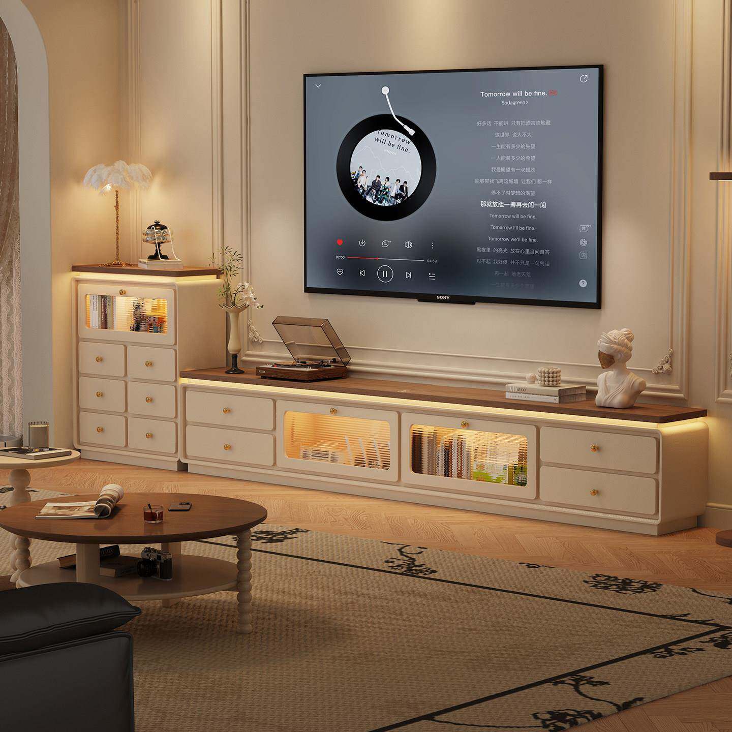 奶油中古风电视柜茶几新品客厅式小户型双层电视柜落地60cm高款