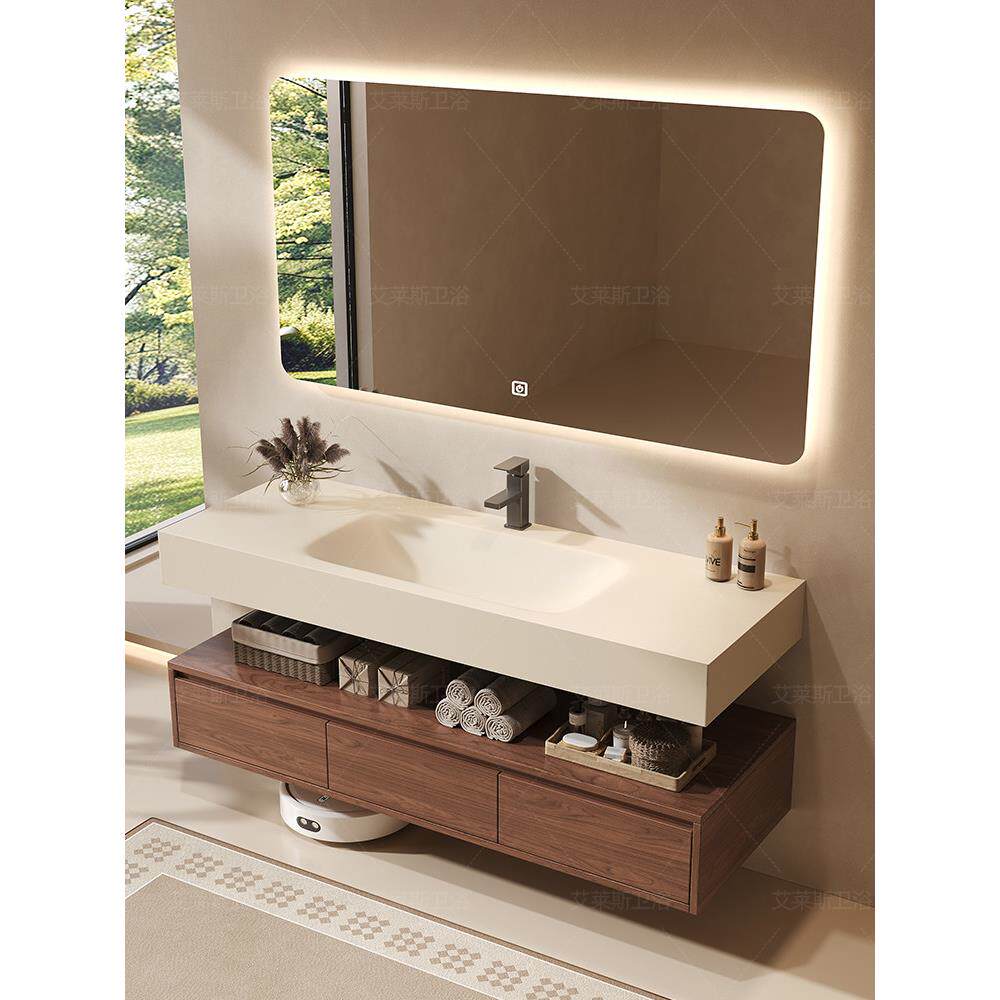 新款中古风岩板热弯一体盆浴室柜卫生间洗漱台洗手池洗脸盆柜组合