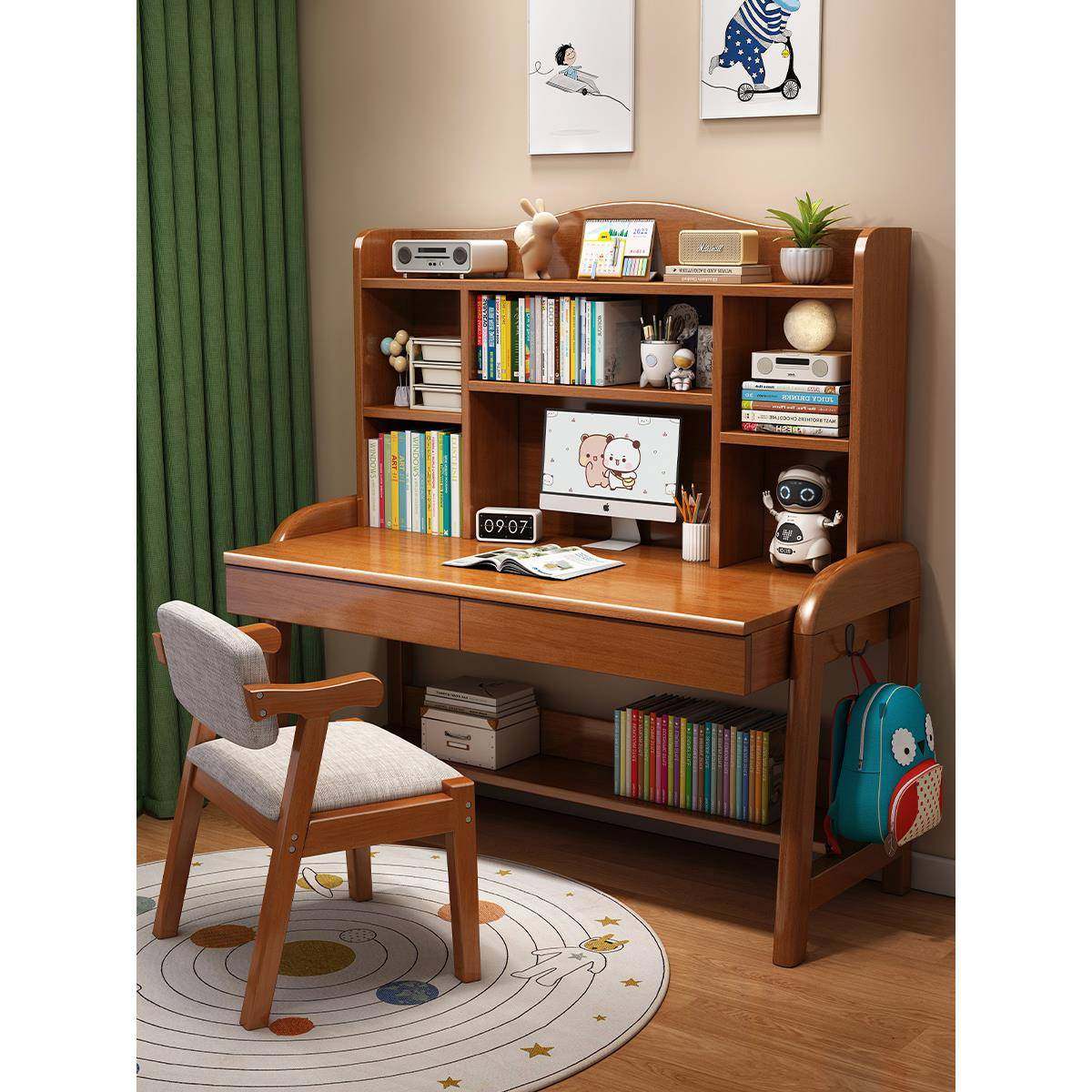 实木儿童学习桌子中小学生书桌带书架小孩子可升降家用写字课桌椅