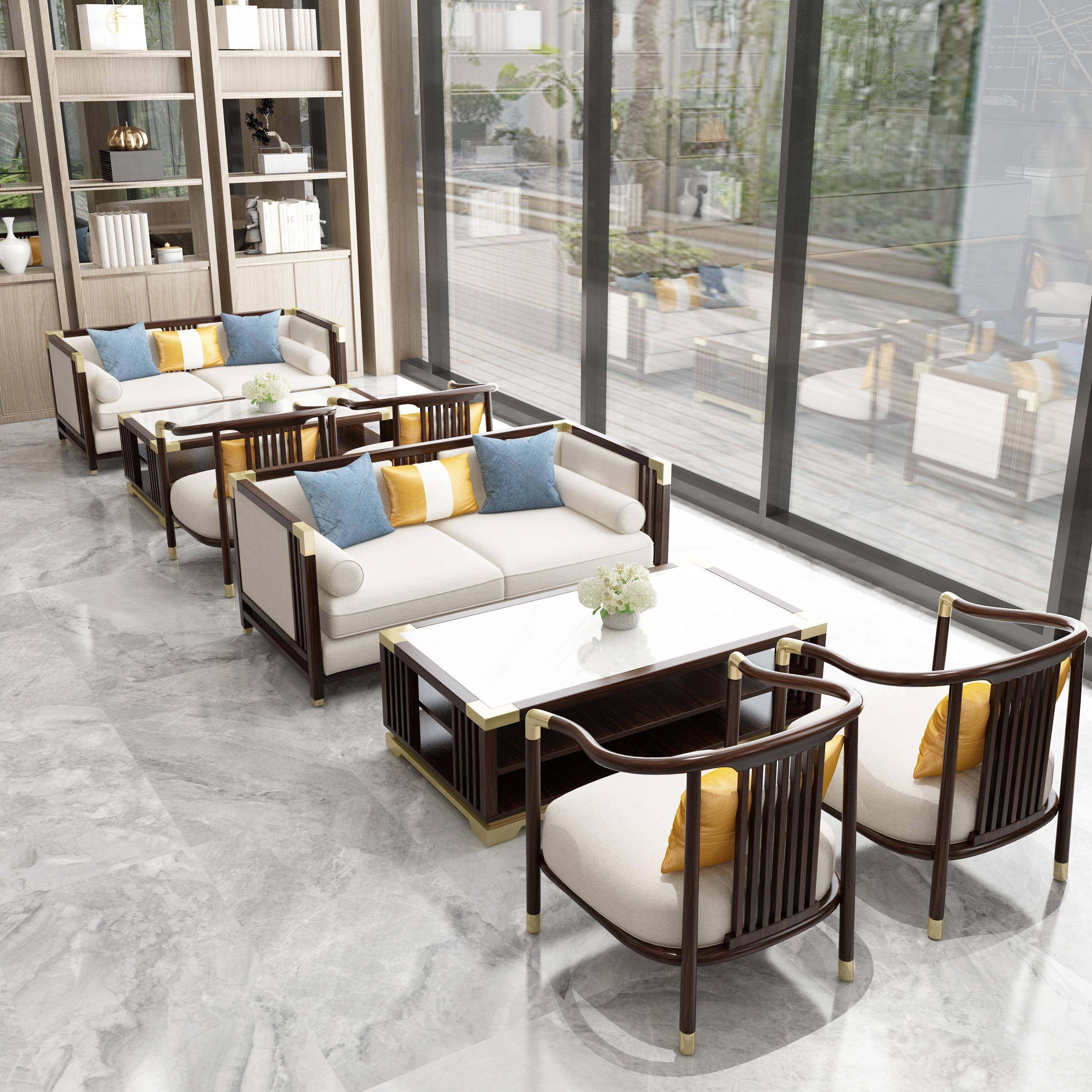 新中式售楼处部洽谈沙发酒店大堂会客商务卡座休息区接待桌椅组合