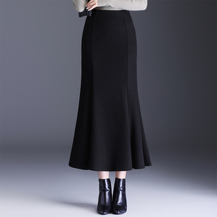 黑色鱼尾裙秋冬款气质长裙包臀裙毛呢半裙新款女士裙子半身裙冬裙