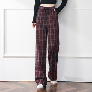 高腰松紧百搭长裤 妈妈休闲裤 2025秋冬新款 复古安可拉红格子直筒裤
