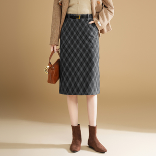 格子裙毛呢加厚半身裙直筒裙秋冬女2025新款潮流时尚遮肚子直筒裙