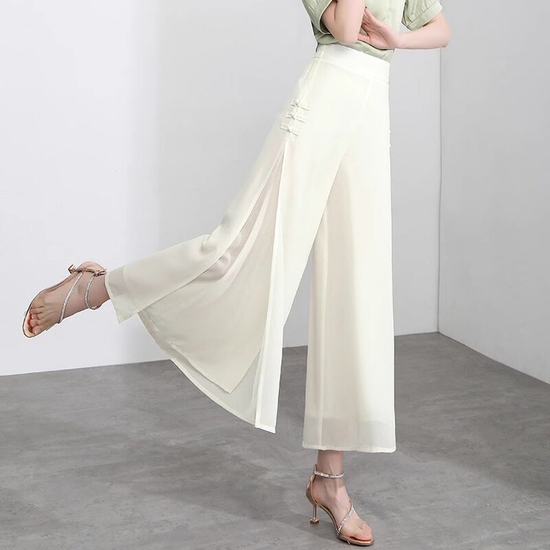 雪纺阔腿裤女夏季新款白色高腰宽松显瘦裙裤垂感薄裤子开叉九分裤