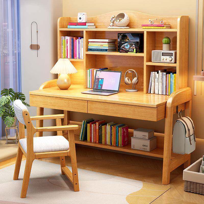 实木儿童学习桌带书架书桌中小学生家用卧室可升降小孩课桌椅套装