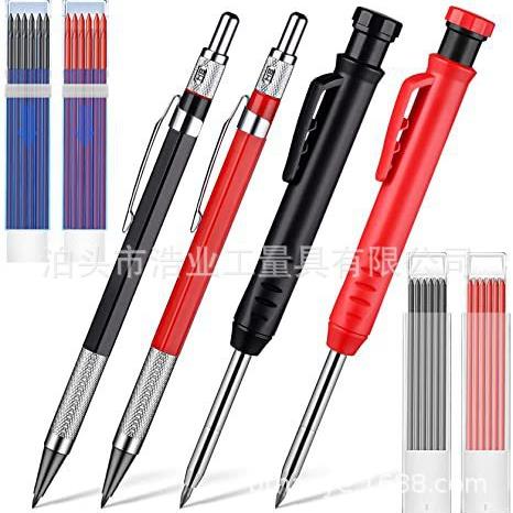 黑红2支工程笔2.0+两色深孔标记笔+4盒铅芯 铅笔 木工划线笔套装