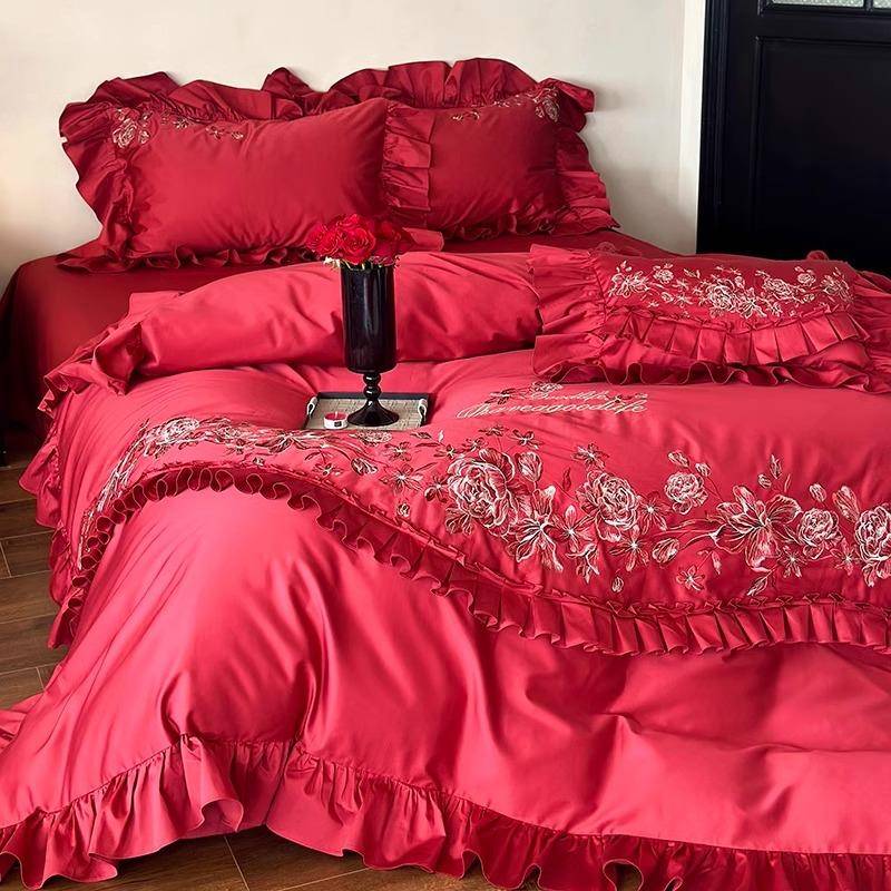 浪漫红色100S全棉贡缎结婚四件套法式长绒棉喜被刺绣婚庆床上用品