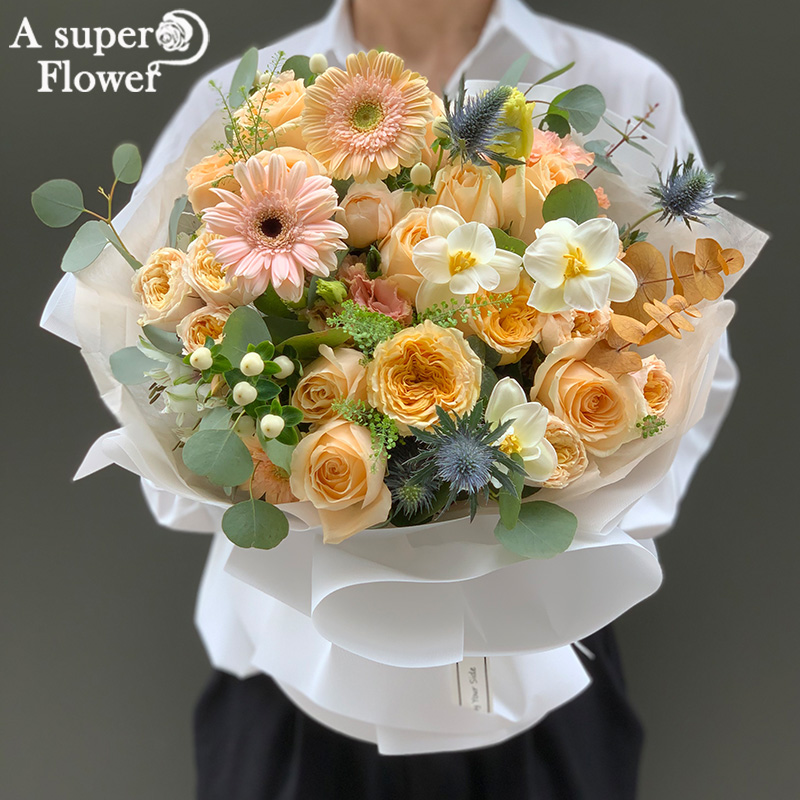 杭州鲜花速递同城订花店配送上门女友生日玫瑰花桔梗韩式混搭花束