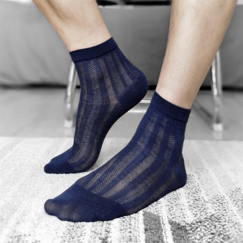 黑色夏季超薄镂空休闲中筒袜子男藏青正装商务透气条纹丝光棉短袜