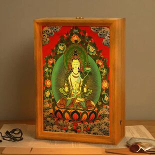 唐卡摆台藏族财神灯光画桌面供俸相框保佑招财氛围灯家庭和睦成品