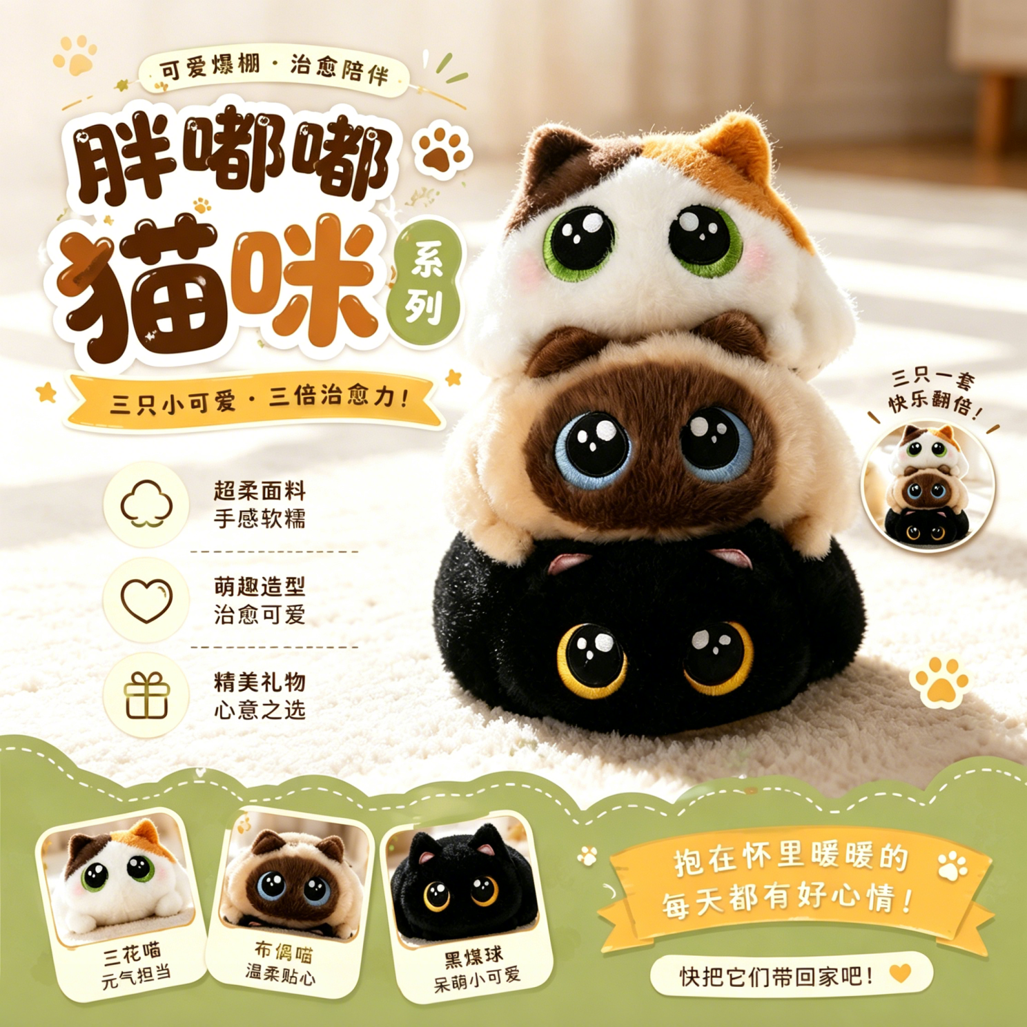 可爱胖嘟猫咪玩偶三花泰国