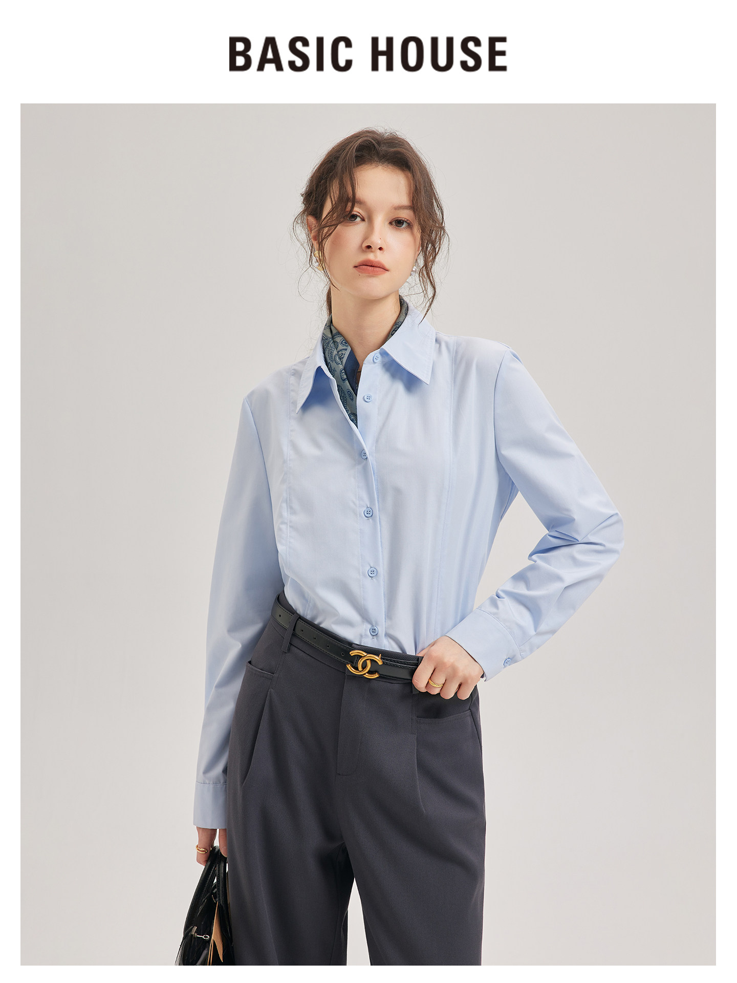 Basic House/百家好蓝色长袖衬衫女气质西装内搭衬衣百搭翻领上衣
