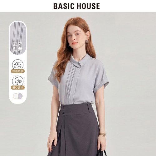 Basic House/百家好【夏季新品上新】灰色衬衫女士高级翻领衬上衣