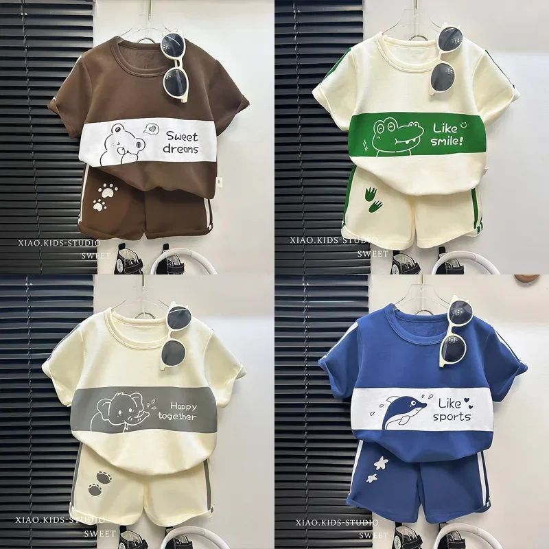 2024 New Kids Short Sleeve Suit Striped Girls Boys Set Summe