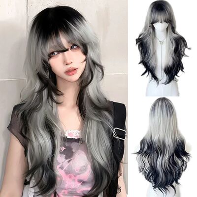 Long Body Wave Black And Gray Ombre Cosplay Wigs Heat Resist