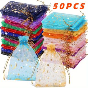 50PCS Moon Stars Drawstring Organza Bags Jewelry Gift Bags P