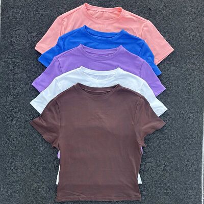 Solid color round neck women soft breathable tight belly sho