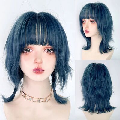 Blue Synthetic Mullet Head Wig with Bangs Short Straight Lol