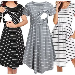 Summer Maternity Care Striped Dresses Pregnant Women Pajamas