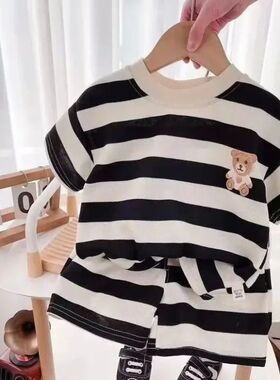 Summer Children Sets Boys Girls Short-sleeved Striped T-shir