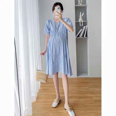 Maternity Summer Dress Short Sleeve V-Neck Puff Sleeve High