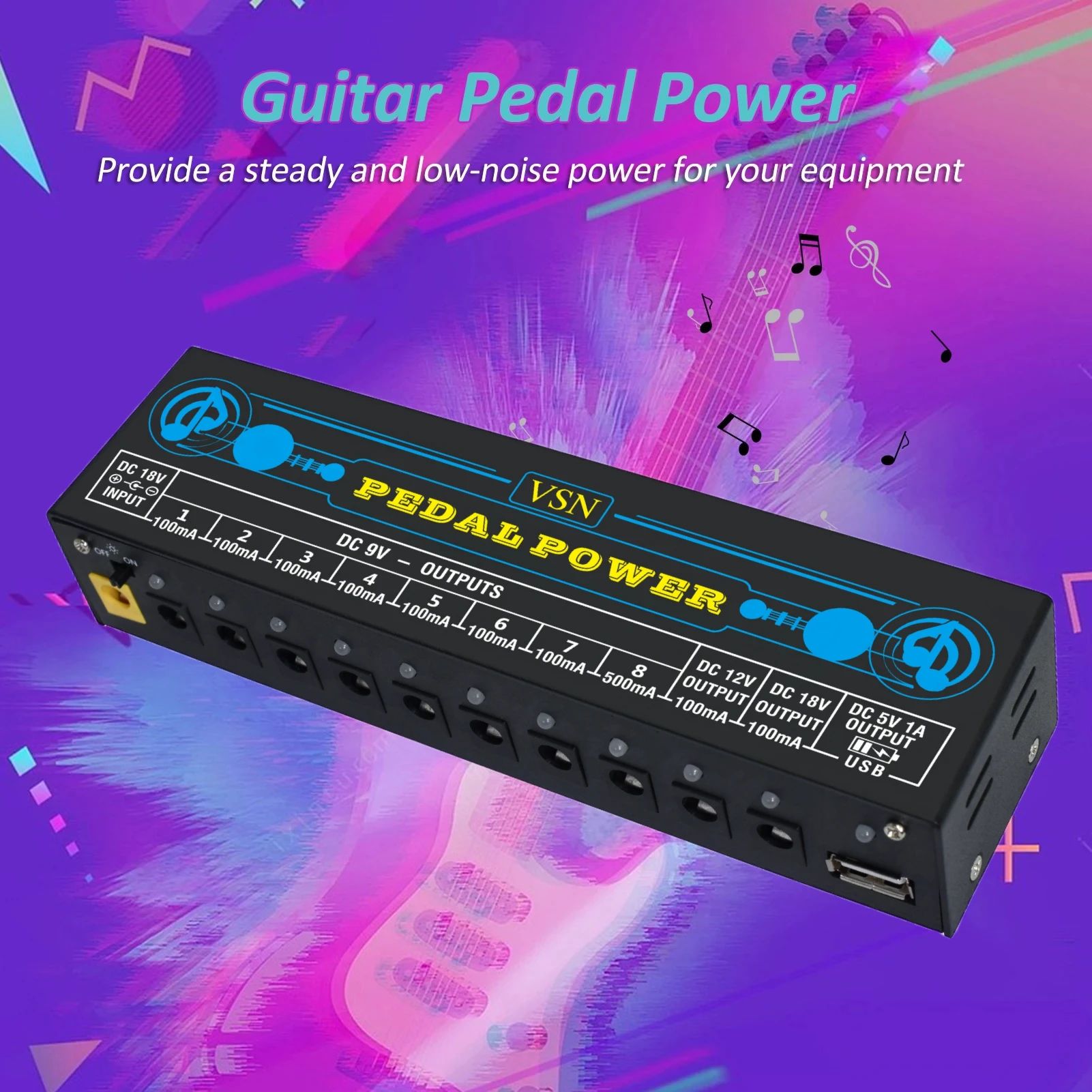 VSN Guitar Pedal Power Supply 10 Isolated DC Output 9V 12V 1