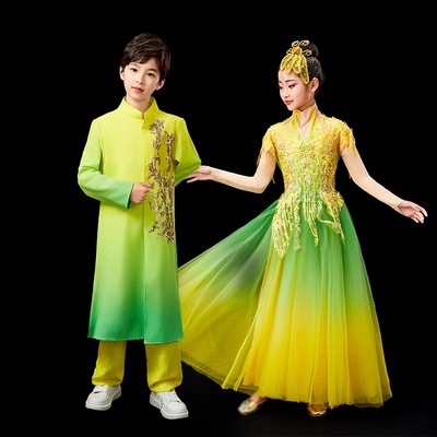 新款儿童灯火里的中国舞蹈演出服女盛开万疆现代开场舞大摆裙纱裙