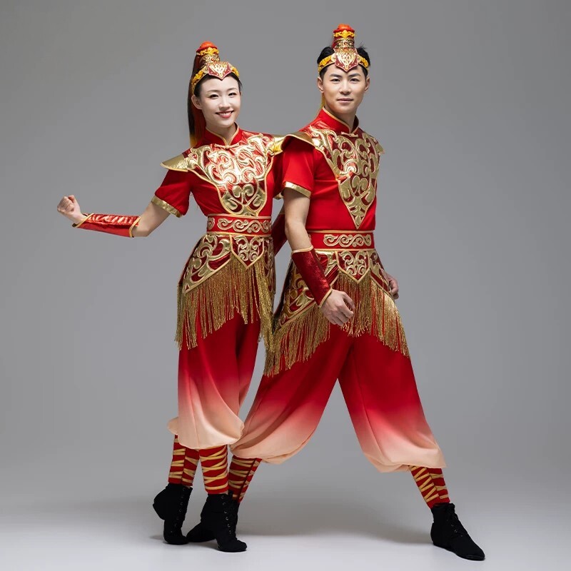 新款秧歌舞蹈演出服策马奔腾同款红色喜庆中国风打鼓服战鼓表演服