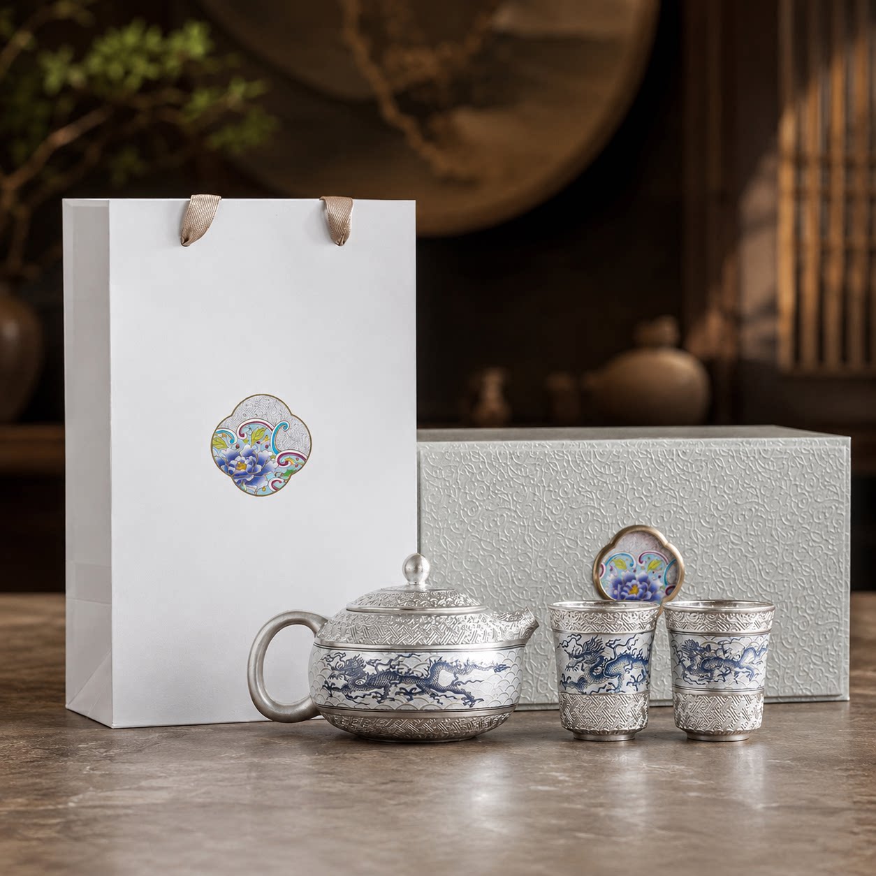 浮雕鎏银青花龙一壶二杯套组礼盒装高档旅行便携式功夫茶具套装