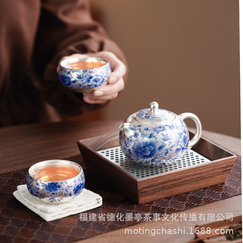 鎏银青花牡丹西施壶一壶二杯功夫茶具礼品旅行茶具中式泡茶器家用