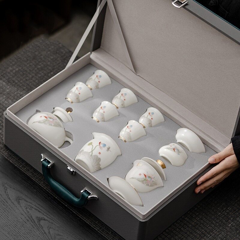 冰种羊脂玉瓷茶具套装家用办公室商务送人高档功夫茶盖碗礼盒套装