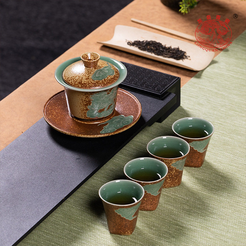 龙泉青瓷 功夫茶具旅行套装柴烧三才盖碗泡茶杯 陶瓷高端一碗四杯