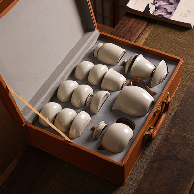 汝窑功夫茶具套装轻奢高档中式家用陶瓷盖碗茶杯泡茶壶礼品礼盒装