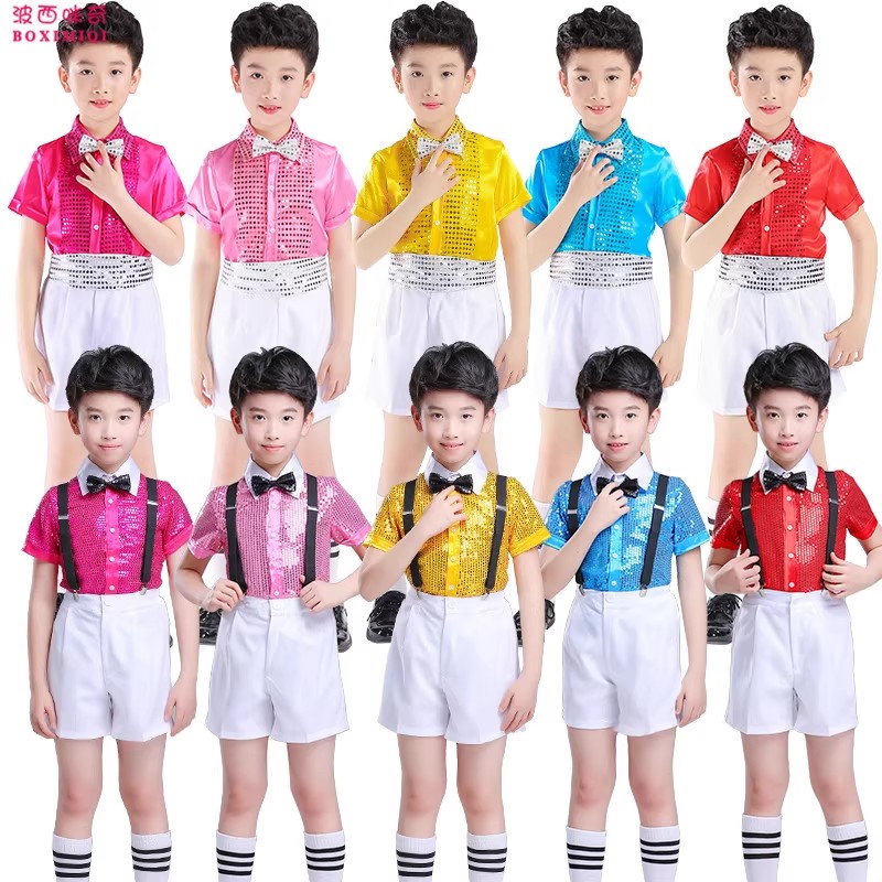 儿童短袖亮片衬衫男童演出服英伦风花童礼服集体合唱团背带裤套装