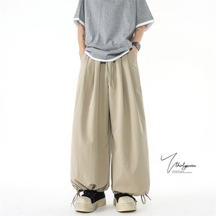 美式覆古百搭抽绳阔腿灯笼裤男宽松直筒青少年大尺码九分休闲裤子