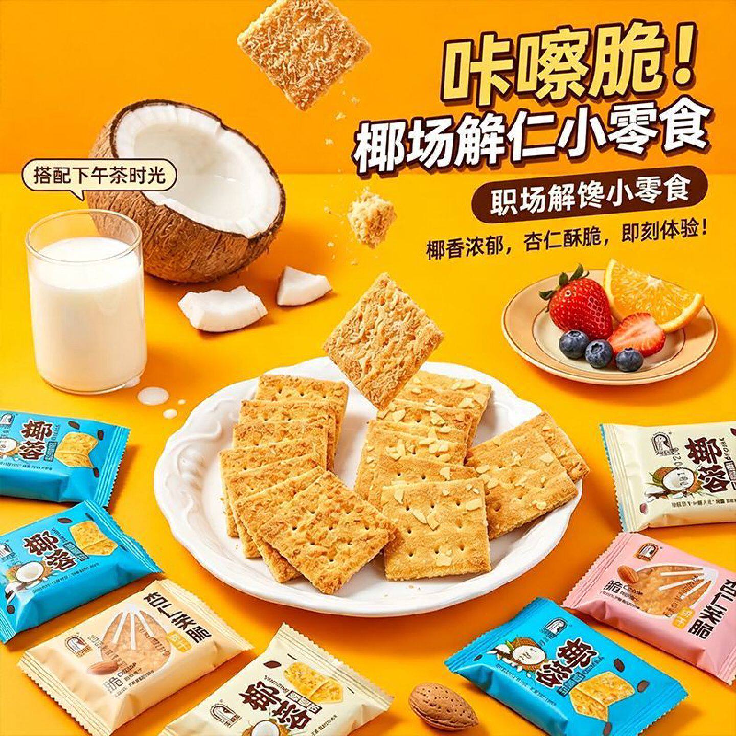 好吃坚果杏仁脆饼干早餐食品椰蓉味饼干办公室追剧休闲小零食整箱