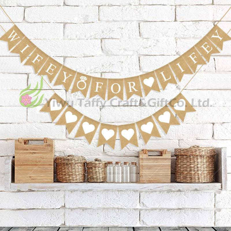 婚庆复古白色爱心串旗鱼尾旗 WIFEY FOR LIFEY麻布燕尾拉旗
