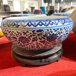 花盆古典青花鱼缸水培盆大口径圆形陶瓷水浅盆铜钱草一叶睡莲盆缸