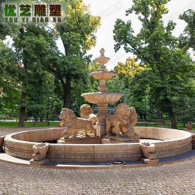 大型石雕西式流水景观水钵 大理石狮子组合欧式石雕喷泉