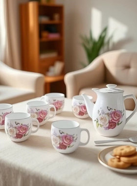 现代简约陶瓷手绘新款白瓷欧式茶具杯碟套装聚餐宴客日用餐桌摆件