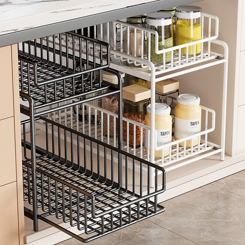 厨房可伸缩收纳层架免打孔抽屉式整体橱柜碗碟调料拉篮下水槽抽拉